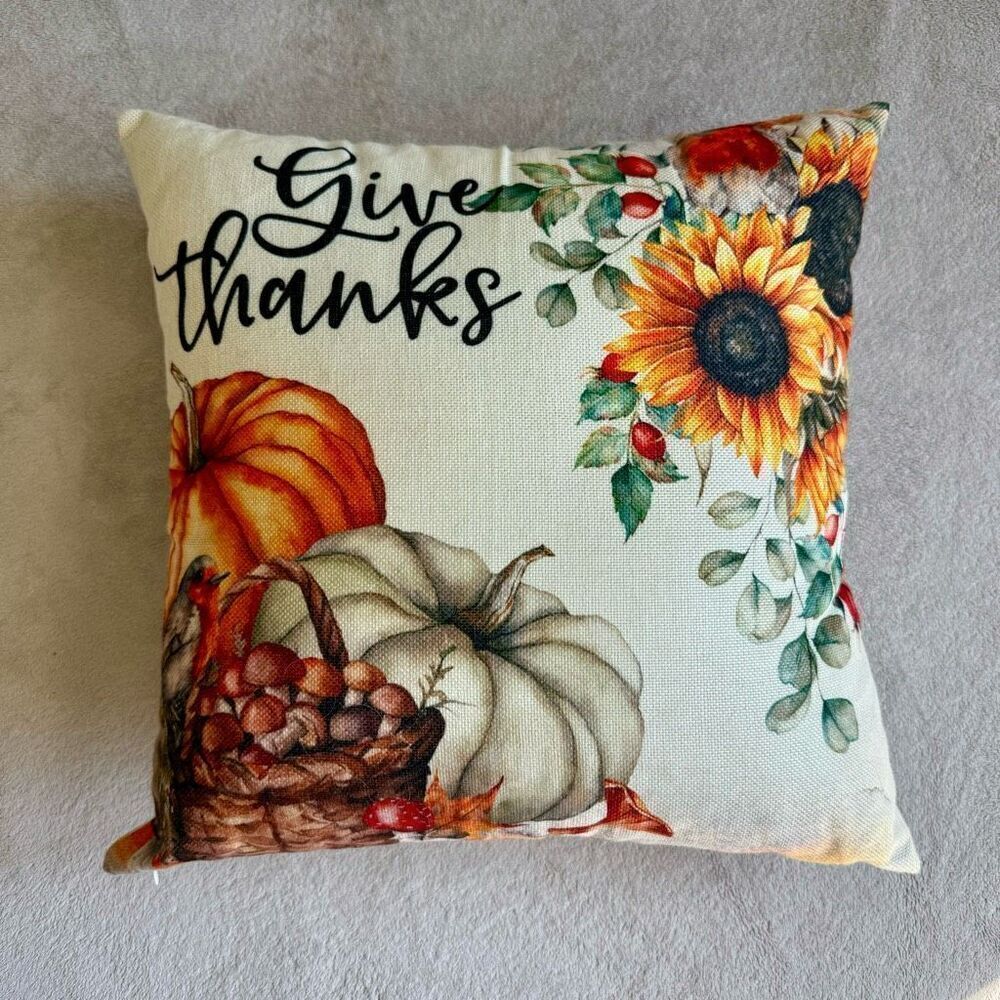 Akasia Design Square “Give Thanks” Thanksgiving Fall Throw Pillow Cover 18”x18”